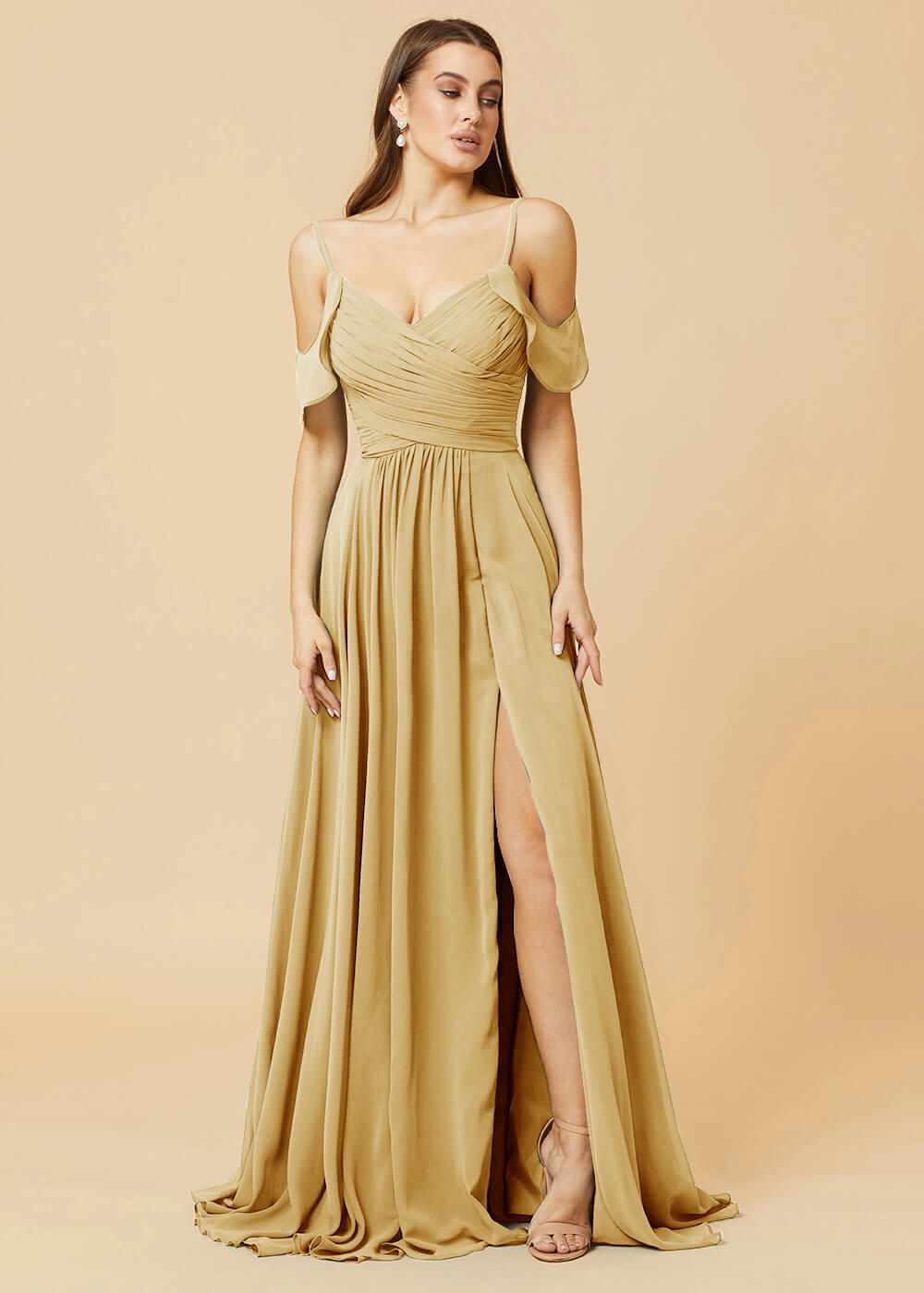 Floor Length V-neck Open Shoulder Sleeve Chiffon Bridesmaid Dress