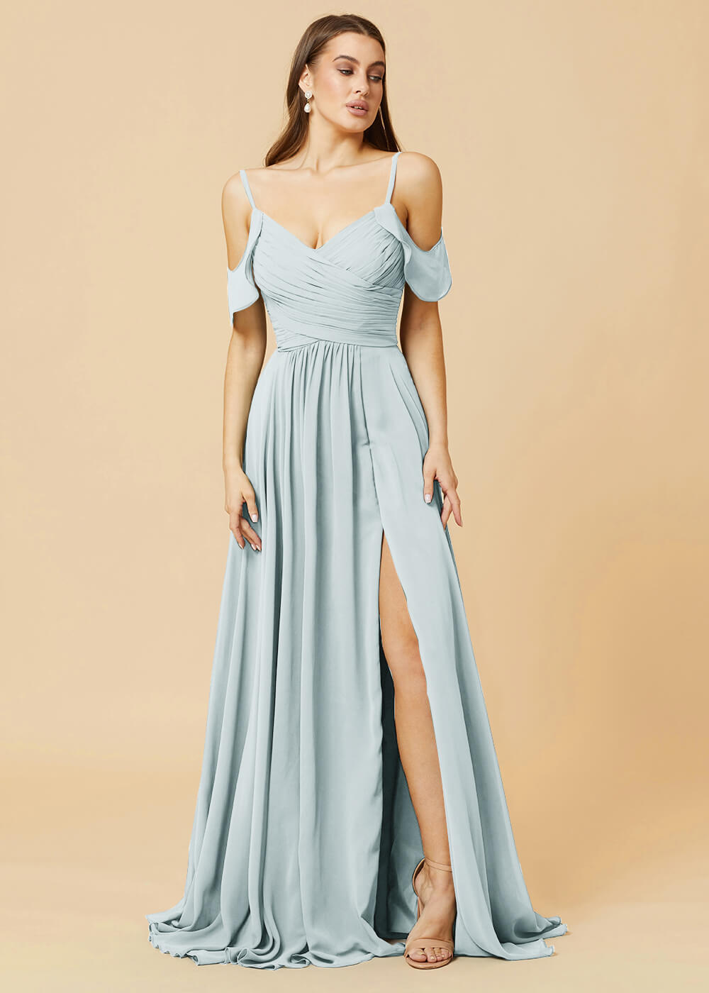 Floor Length V-neck Open Shoulder Sleeve Chiffon Bridesmaid Dress