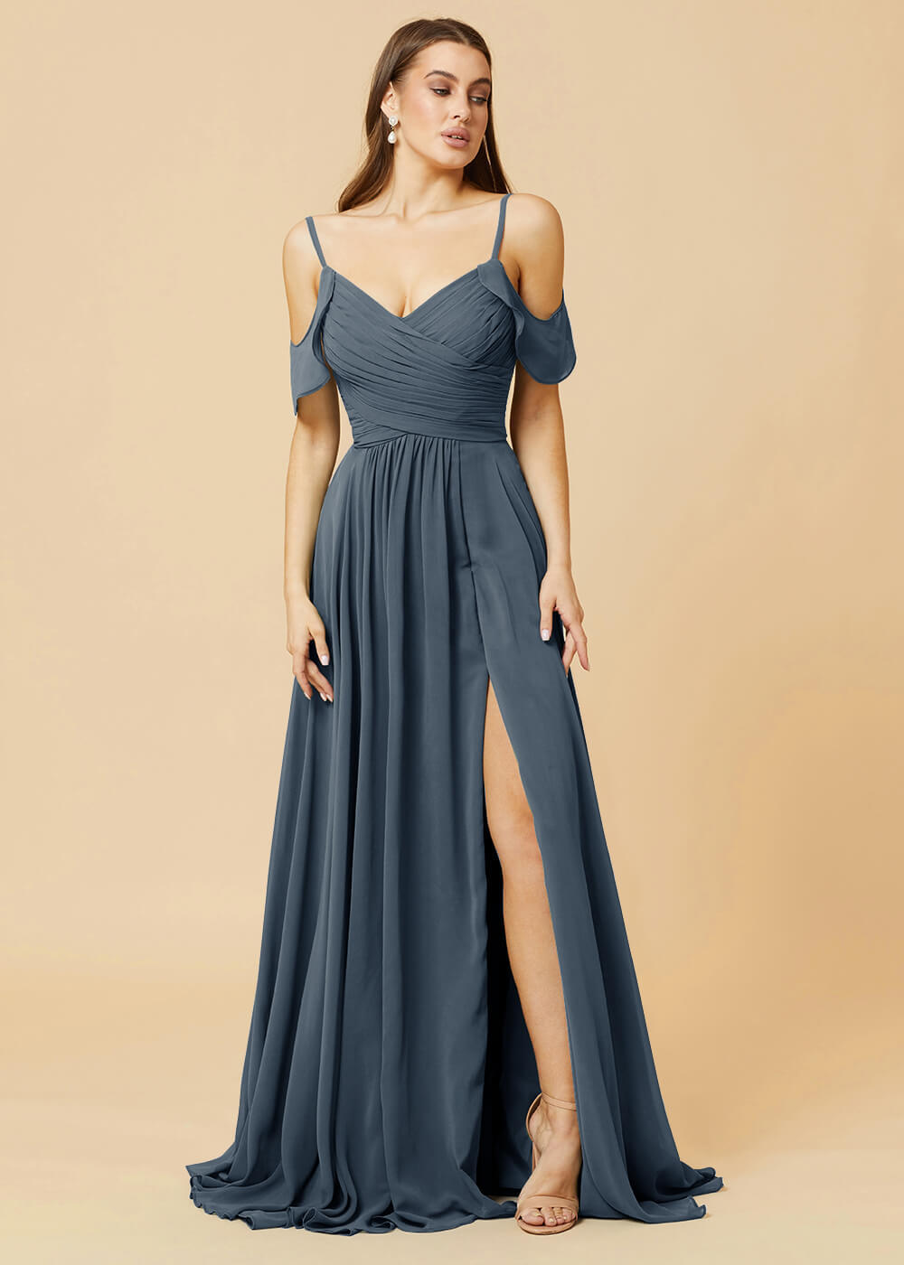 Floor Length V-neck Open Shoulder Sleeve Chiffon Bridesmaid Dress