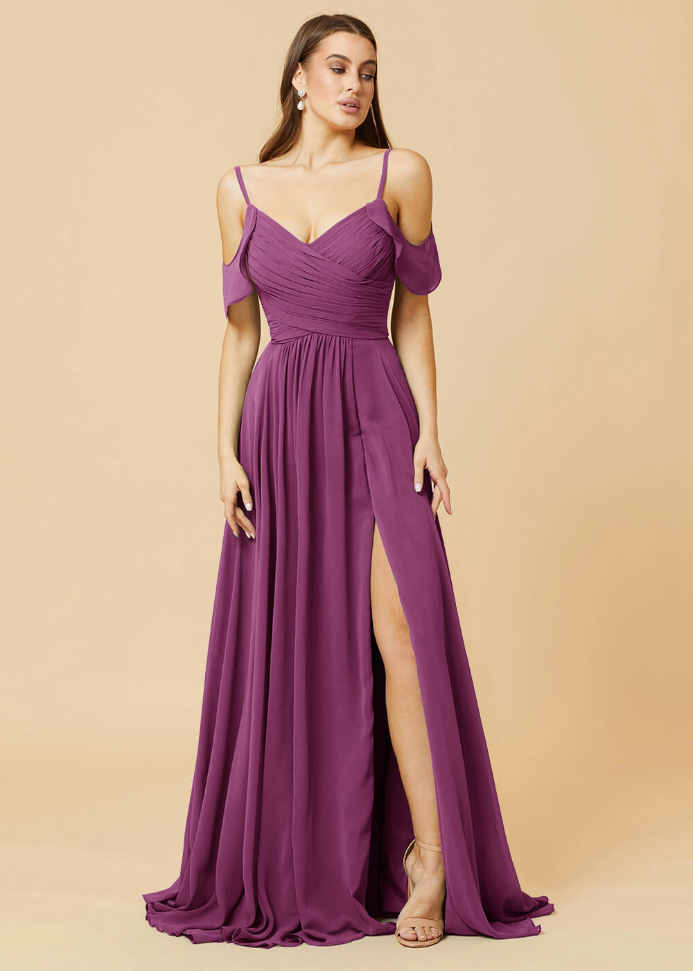 Floor Length V-neck Open Shoulder Sleeve Chiffon Bridesmaid Dress