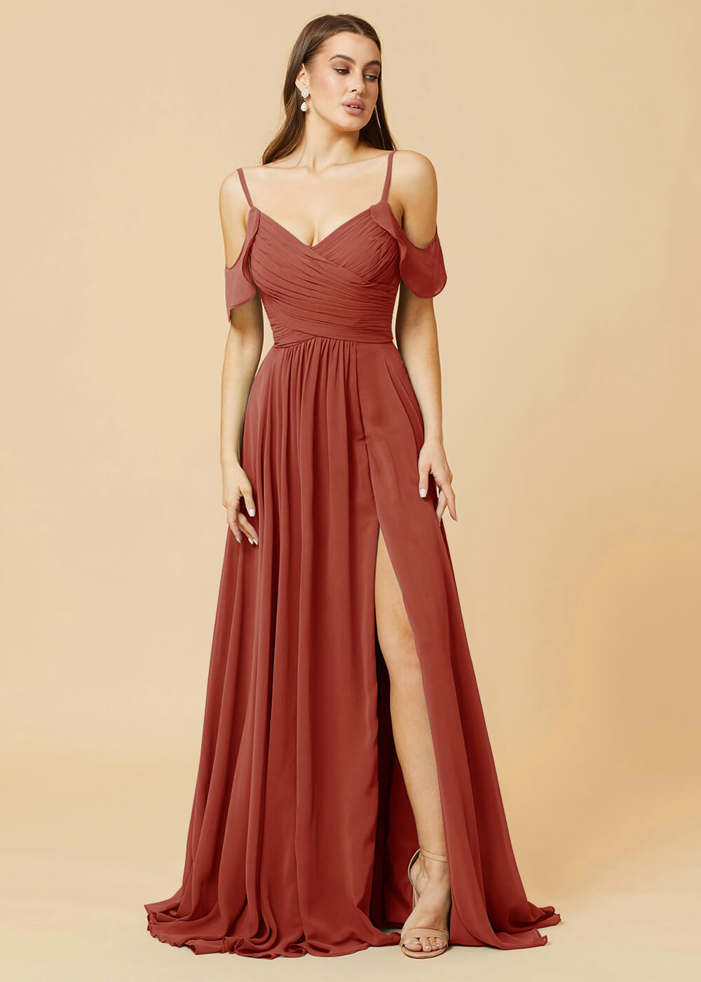 Floor Length V-neck Open Shoulder Sleeve Chiffon Bridesmaid Dress