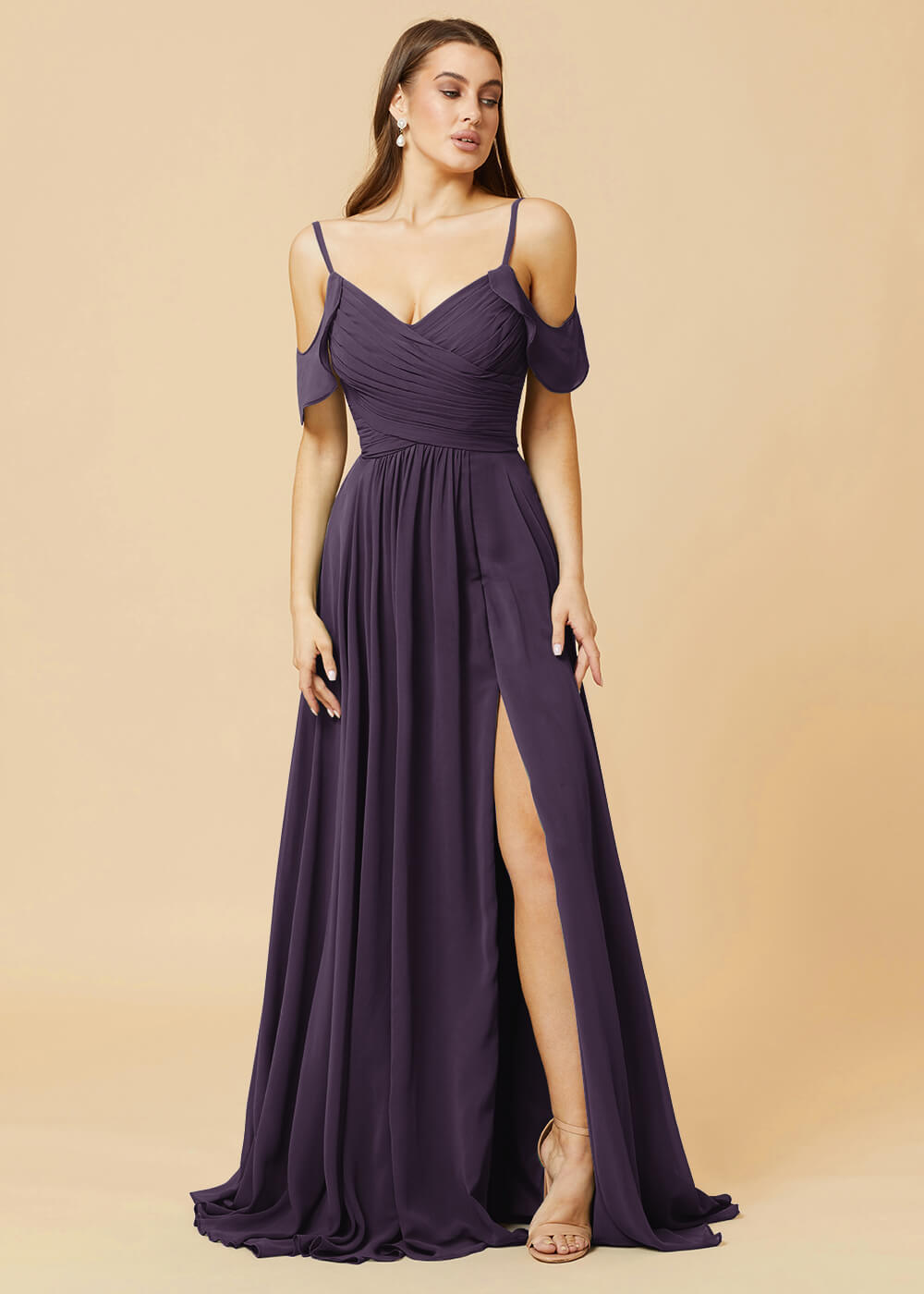 Floor Length V-neck Open Shoulder Sleeve Chiffon Bridesmaid Dress