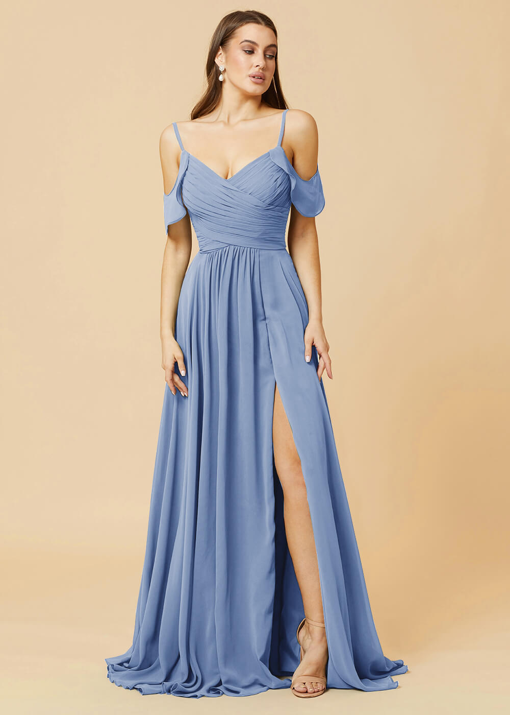 Floor Length V-neck Open Shoulder Sleeve Chiffon Bridesmaid Dress