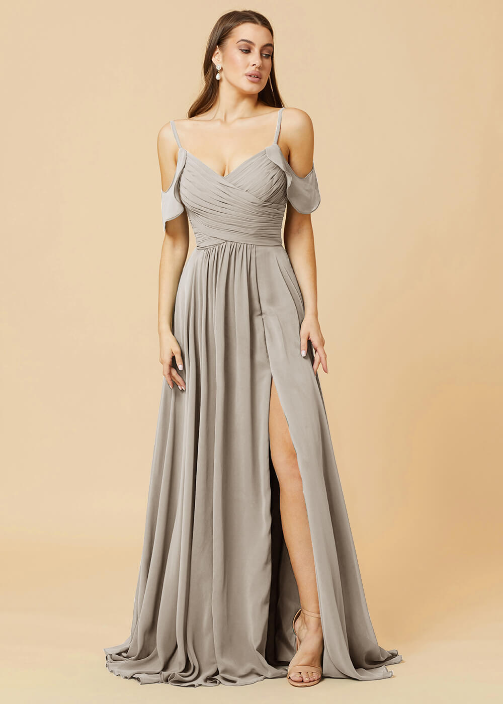 Floor Length V-neck Open Shoulder Sleeve Chiffon Bridesmaid Dress