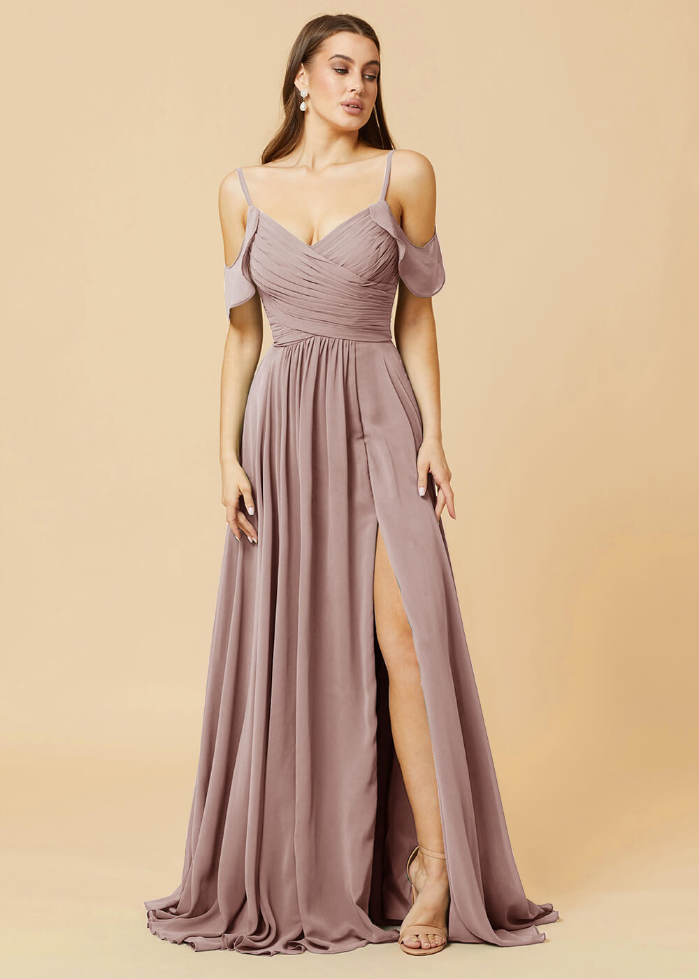 Floor Length V-neck Open Shoulder Sleeve Chiffon Bridesmaid Dress