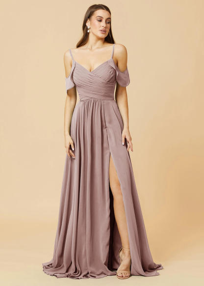 Floor Length V-neck Open Shoulder Sleeve Chiffon Bridesmaid Dress