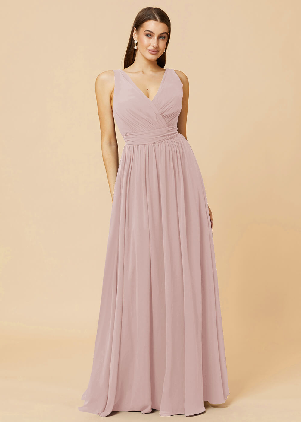 V-neck Pleated Tie Back Chiffon Bridesmaid Dress