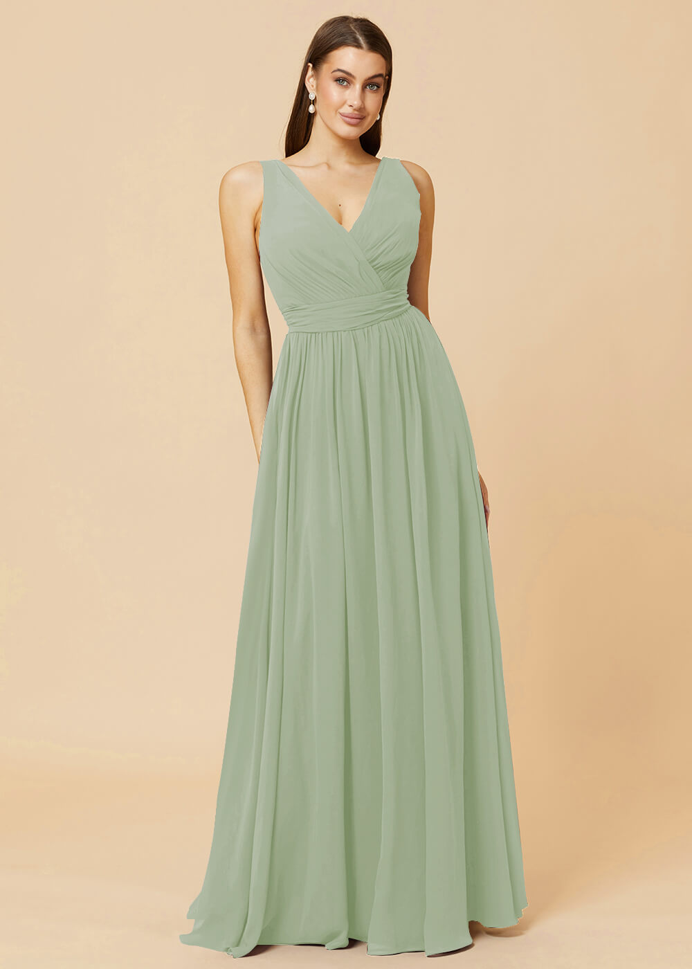V-neck Pleated Tie Back Chiffon Bridesmaid Dress