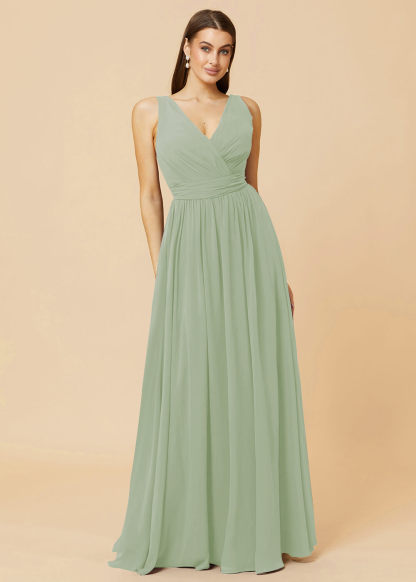 V-neck Pleated Tie Back Chiffon Bridesmaid Dress