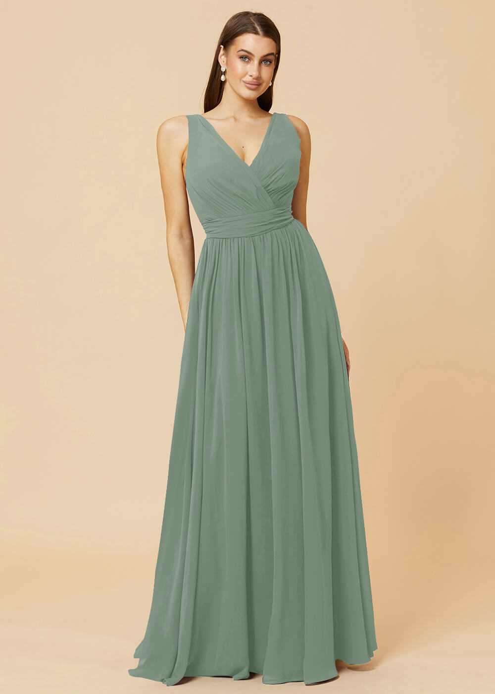 V-neck Pleated Tie Back Chiffon Bridesmaid Dress