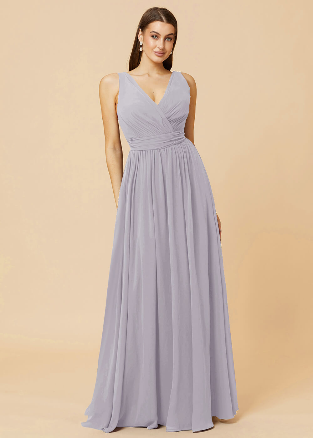 V-neck Pleated Tie Back Chiffon Bridesmaid Dress