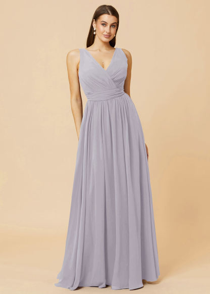 V-neck Pleated Tie Back Chiffon Bridesmaid Dress