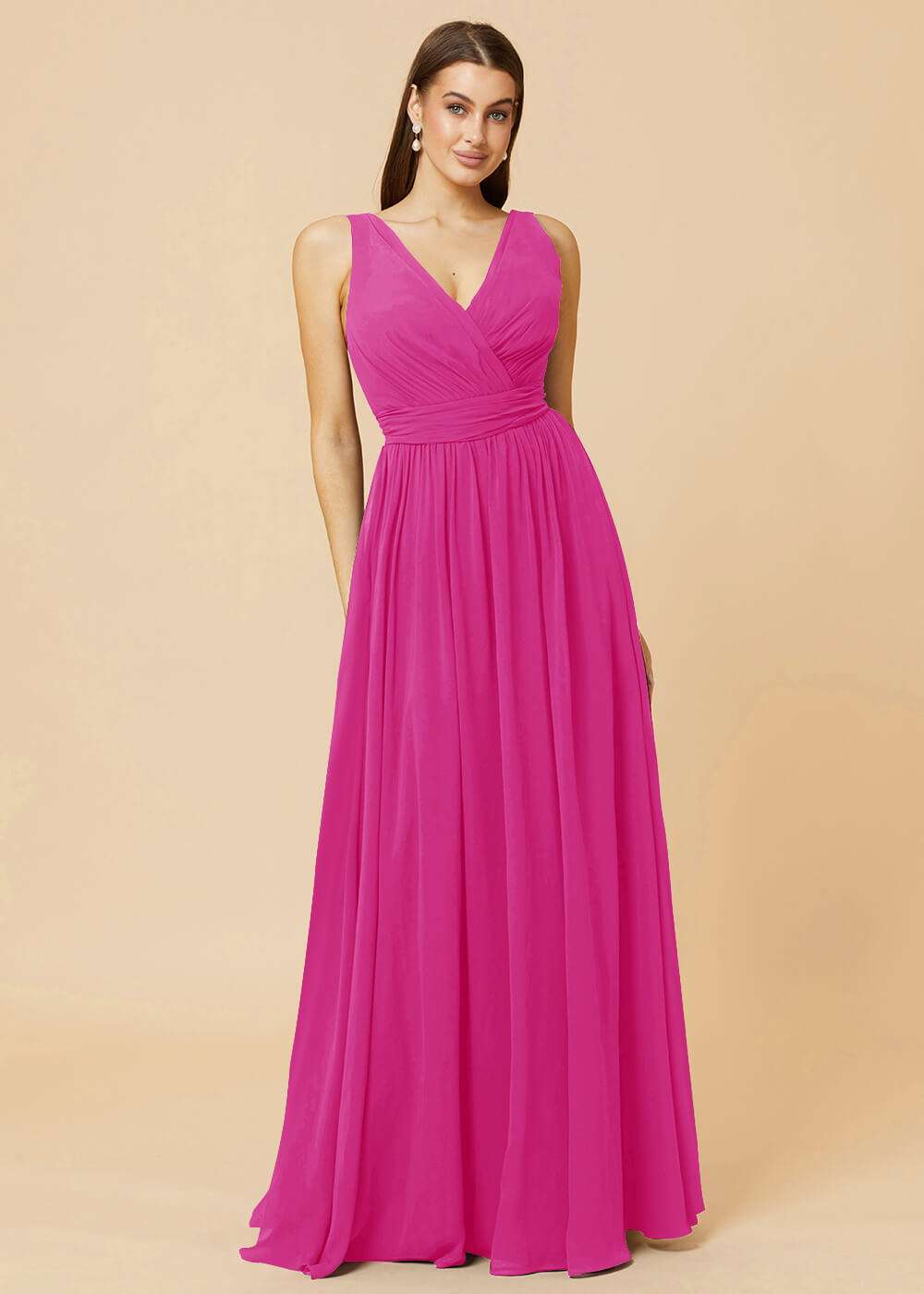 V-neck Pleated Tie Back Chiffon Bridesmaid Dress