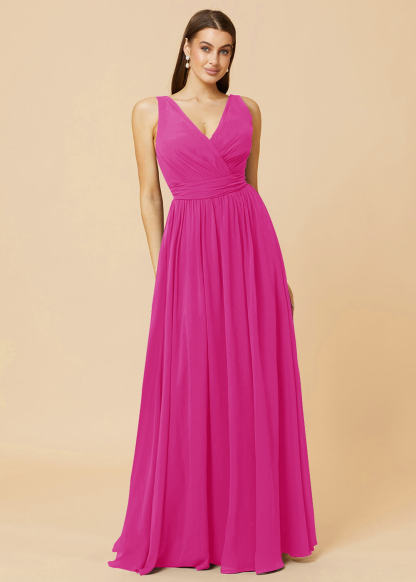 V-neck Pleated Tie Back Chiffon Bridesmaid Dress