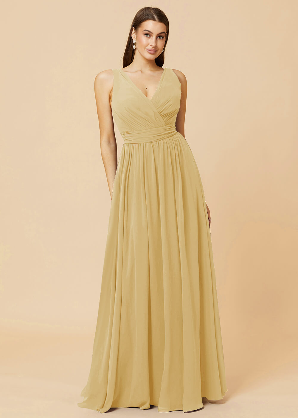 V-neck Pleated Tie Back Chiffon Bridesmaid Dress