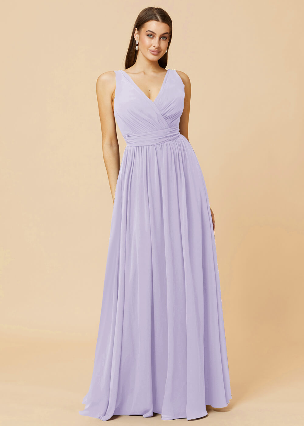 V-neck Pleated Tie Back Chiffon Bridesmaid Dress