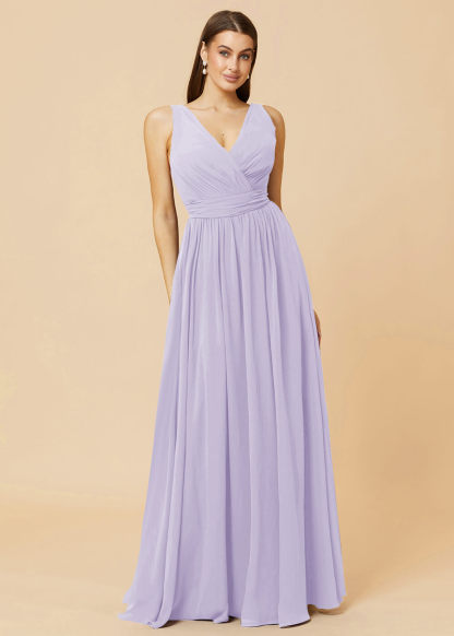 V-neck Pleated Tie Back Chiffon Bridesmaid Dress