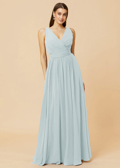 V-neck Pleated Tie Back Chiffon Bridesmaid Dress
