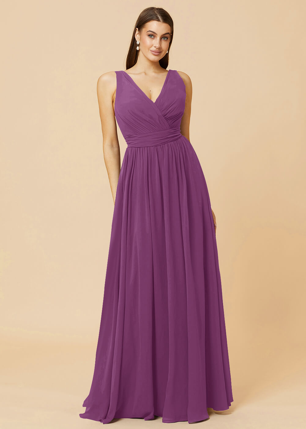 V-neck Pleated Tie Back Chiffon Bridesmaid Dress