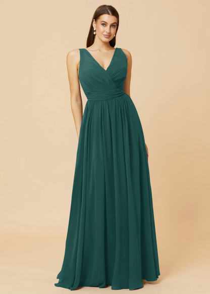 V-neck Pleated Tie Back Chiffon Bridesmaid Dress