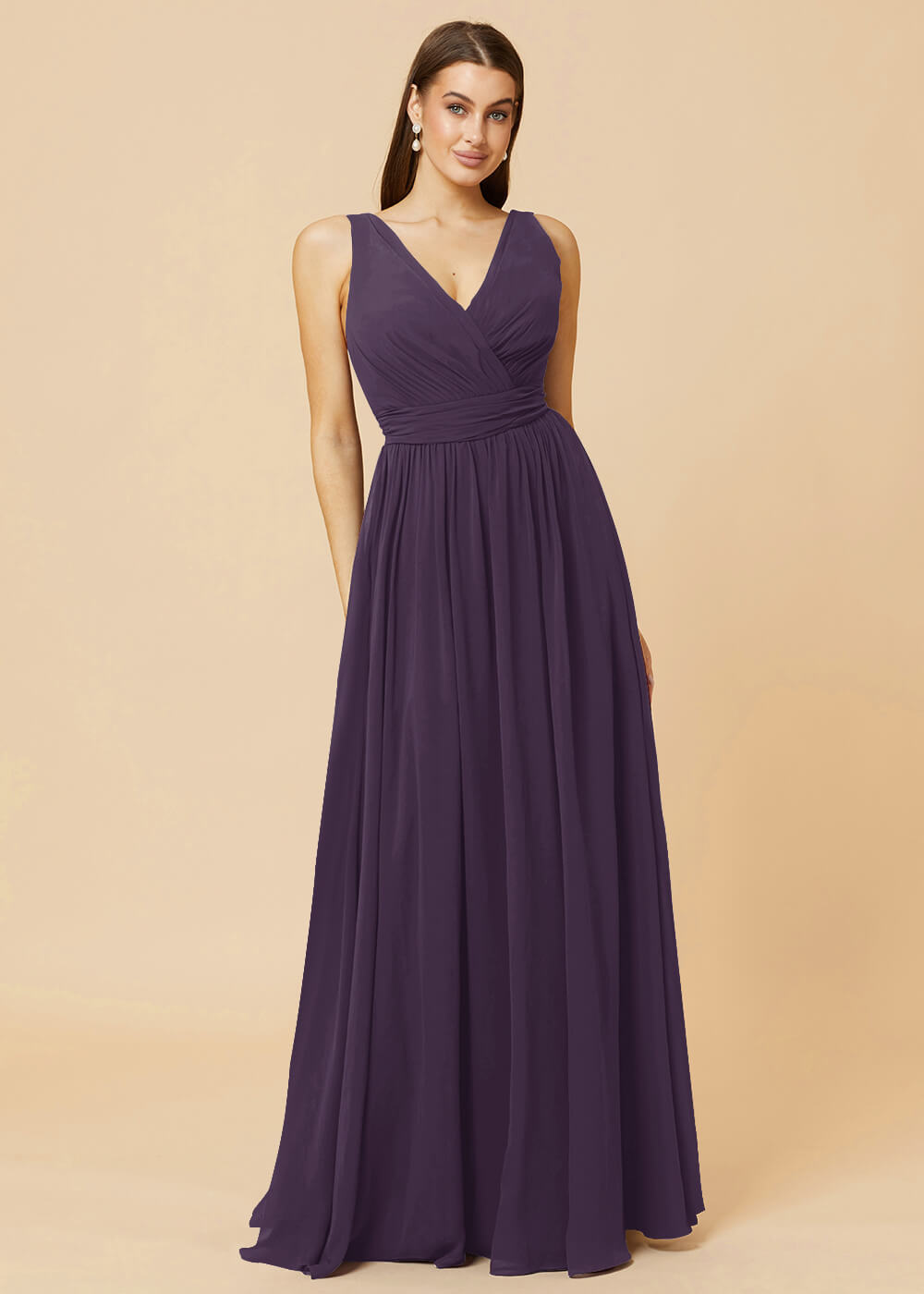 V-neck Pleated Tie Back Chiffon Bridesmaid Dress