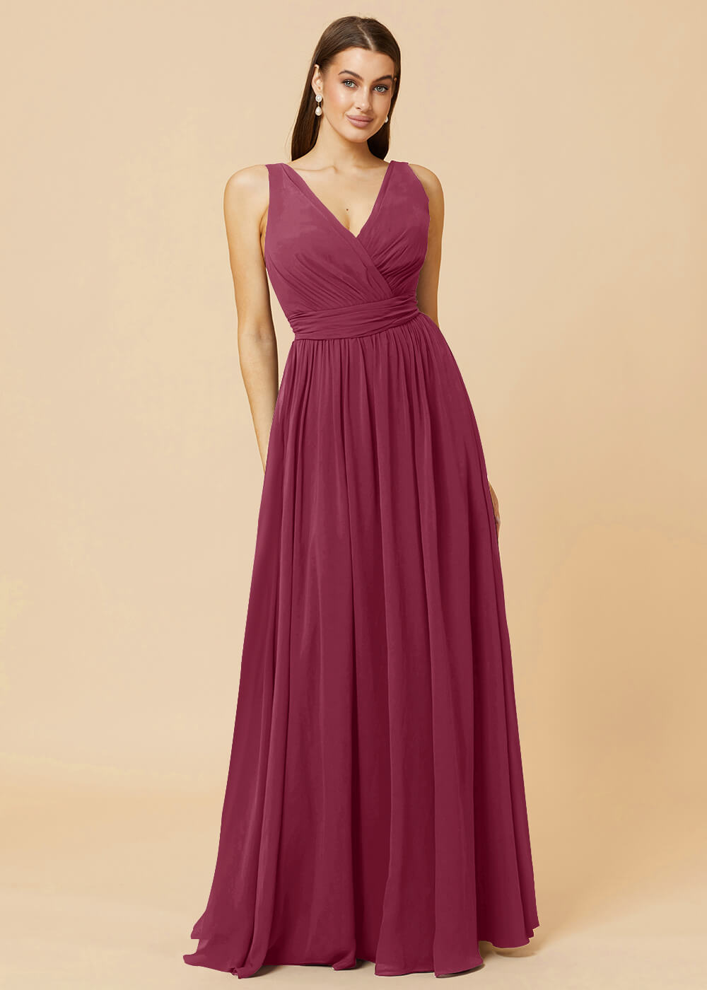 V-neck Pleated Tie Back Chiffon Bridesmaid Dress