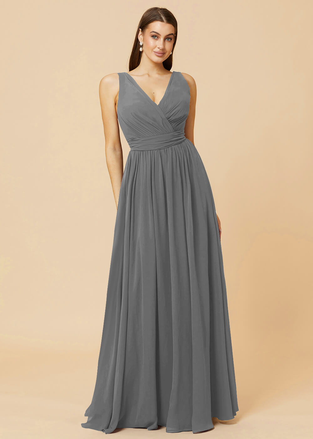 V-neck Pleated Tie Back Chiffon Bridesmaid Dress