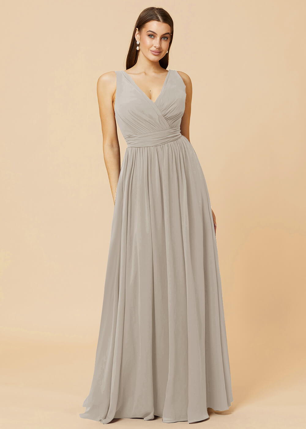 V-neck Pleated Tie Back Chiffon Bridesmaid Dress