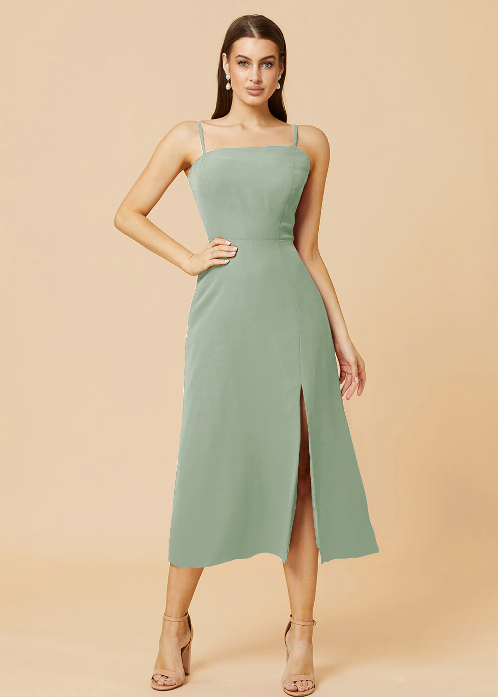 Straight Neck Strap Tea Length Bridesmaid Dress