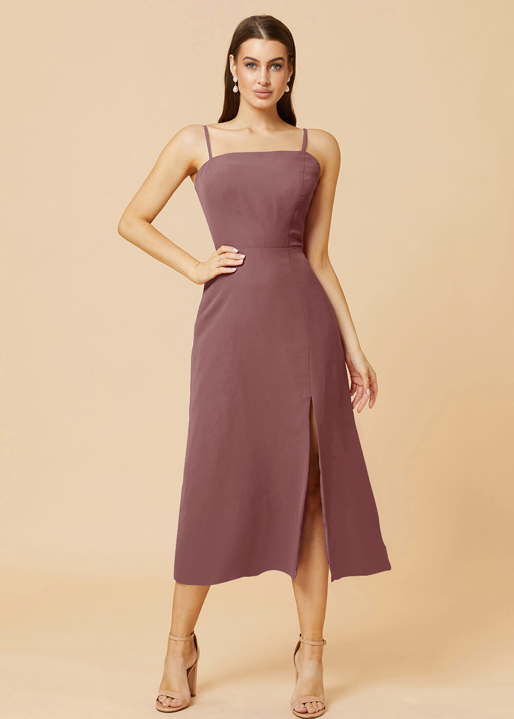 Straight Neck Strap Tea Length Bridesmaid Dress