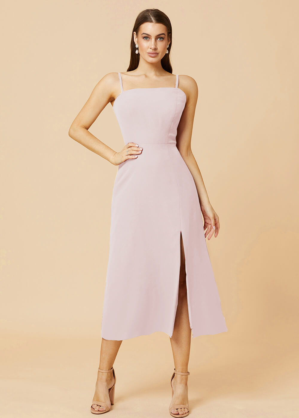 Straight Neck Strap Tea Length Bridesmaid Dress