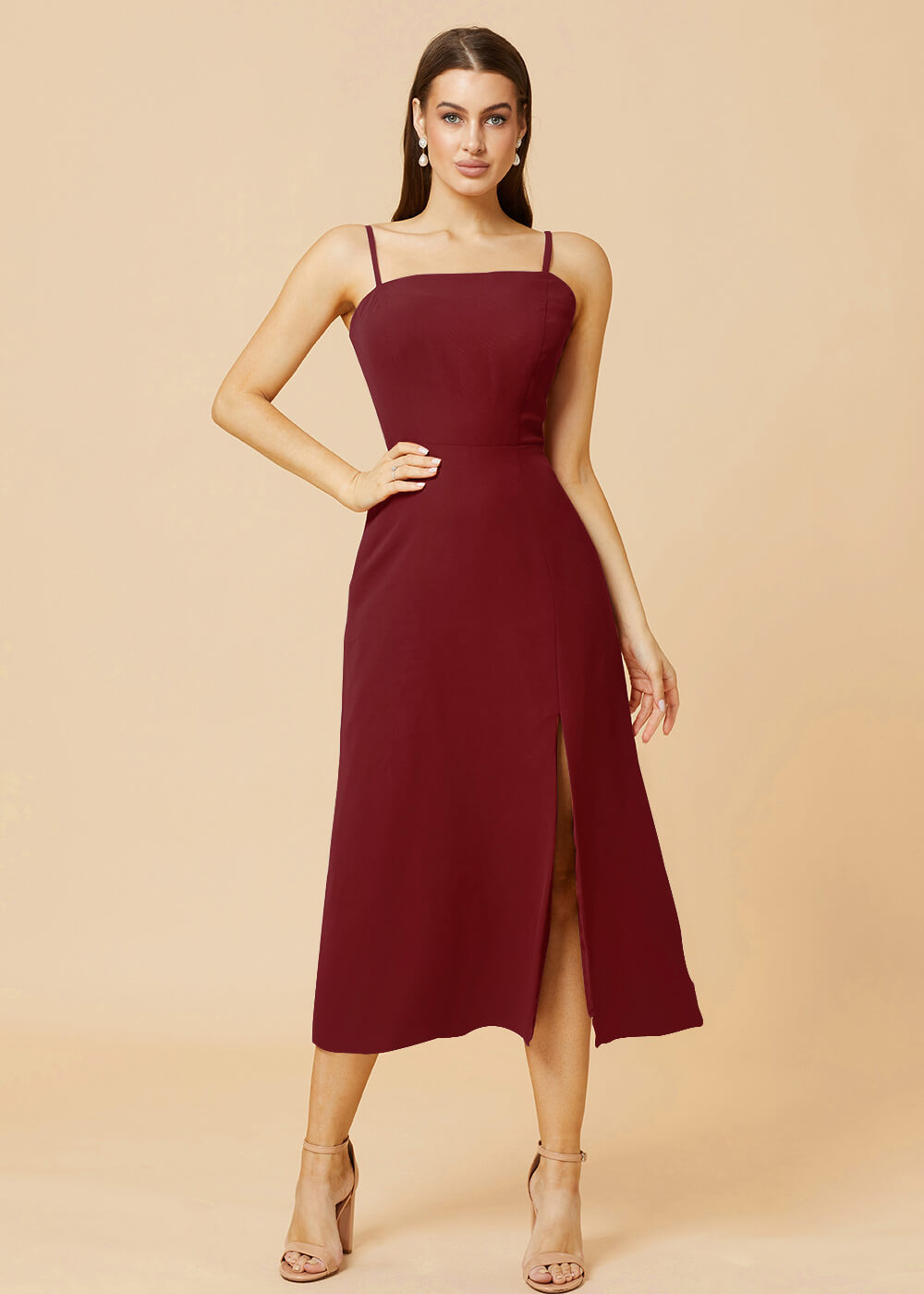 Straight Neck Strap Tea Length Bridesmaid Dress