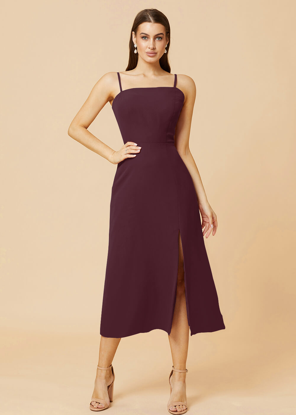 Straight Neck Strap Tea Length Bridesmaid Dress