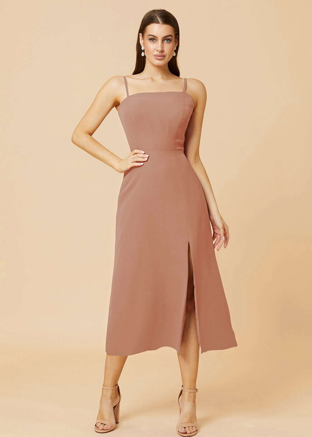 Straight Neck Strap Tea Length Bridesmaid Dress