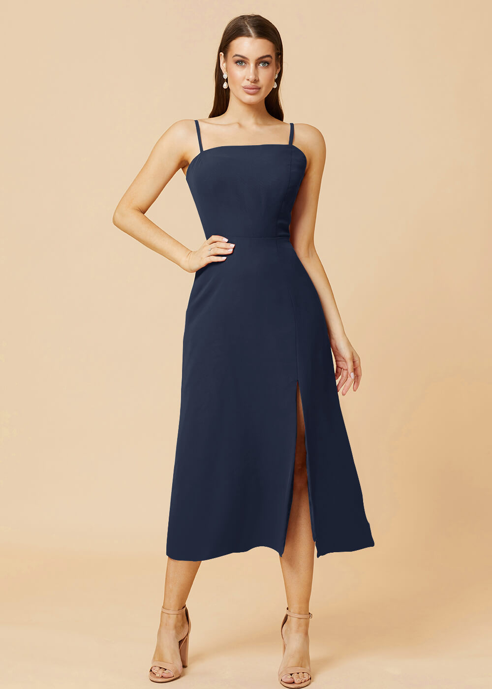 Straight Neck Strap Tea Length Bridesmaid Dress
