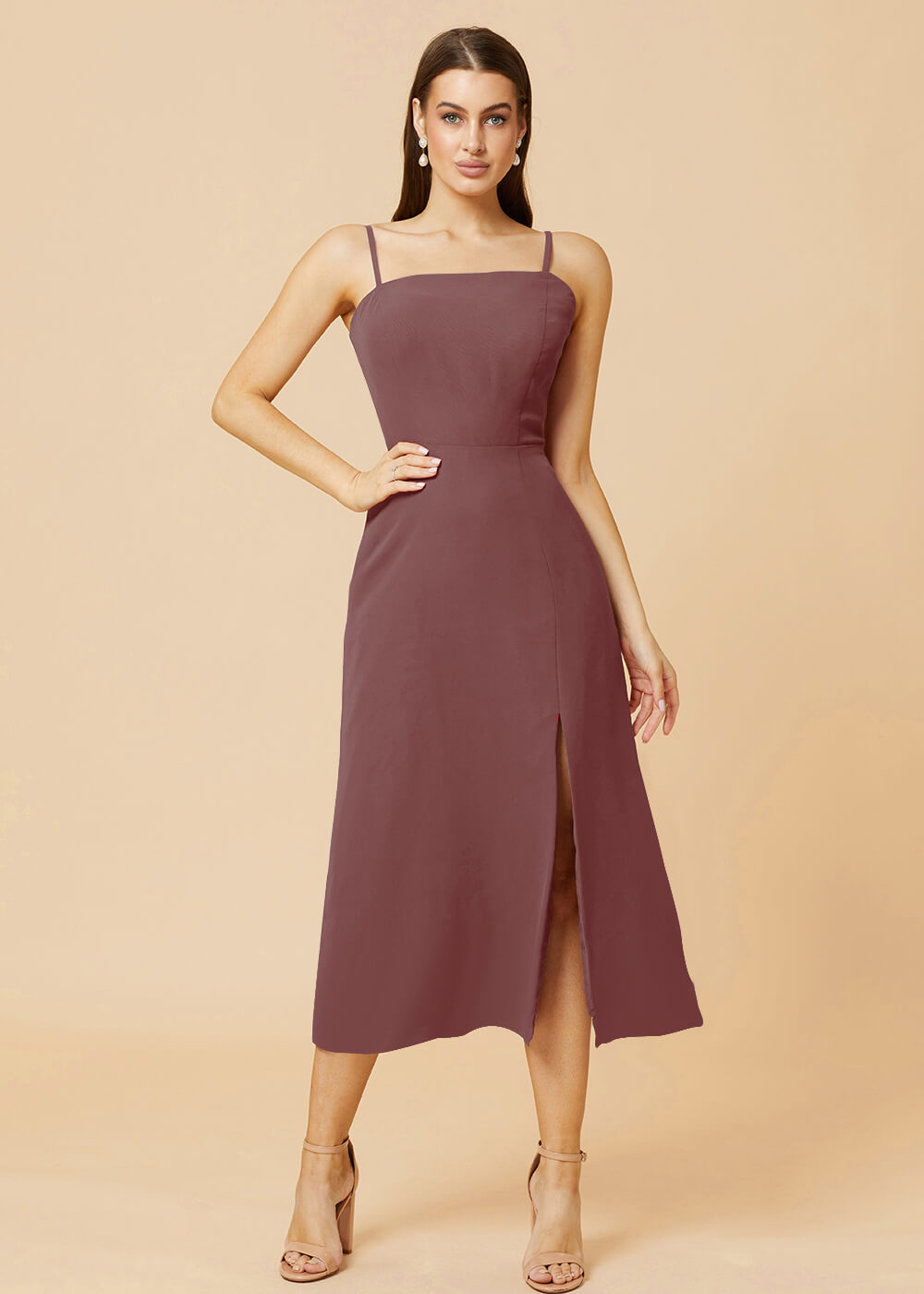 Straight Neck Strap Tea Length Bridesmaid Dress