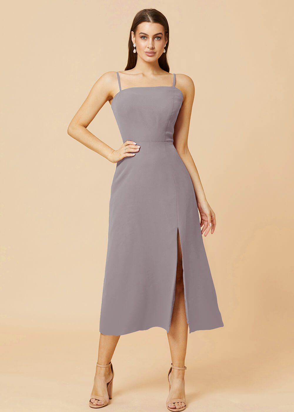 Straight Neck Strap Tea Length Bridesmaid Dress