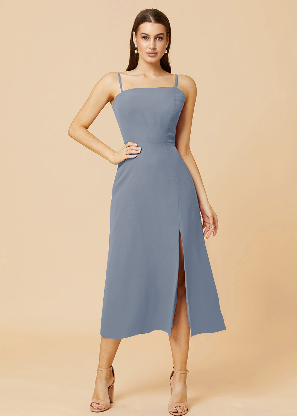 Straight Neck Strap Tea Length Bridesmaid Dress