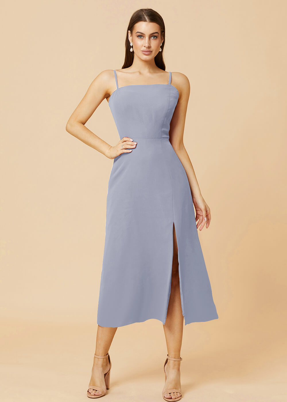 Straight Neck Strap Tea Length Bridesmaid Dress