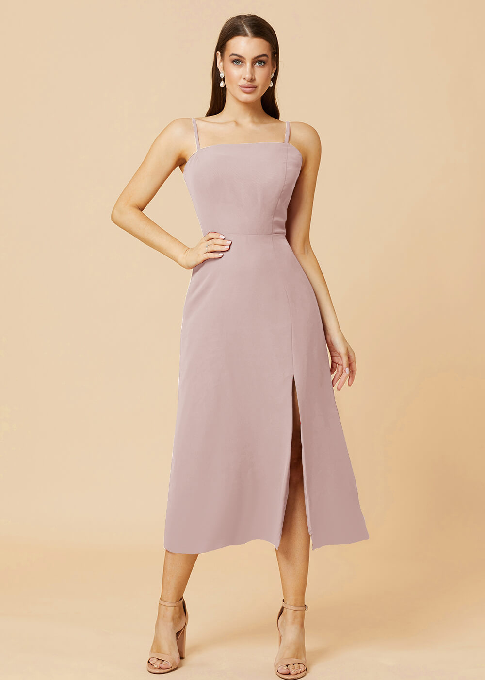 Straight Neck Strap Tea Length Bridesmaid Dress