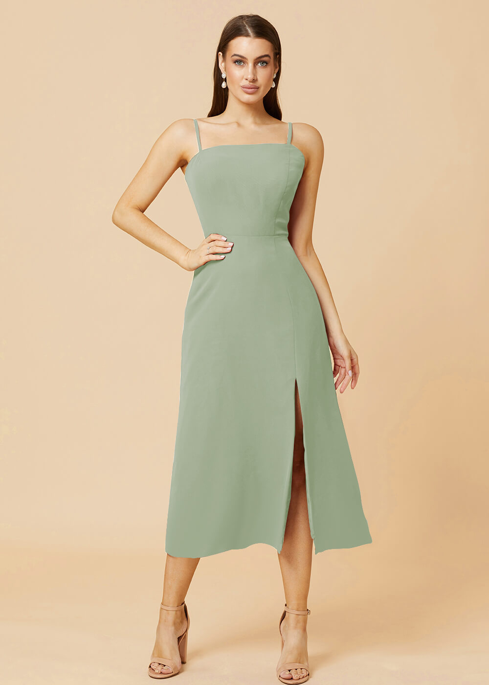 Straight Neck Strap Tea Length Bridesmaid Dress
