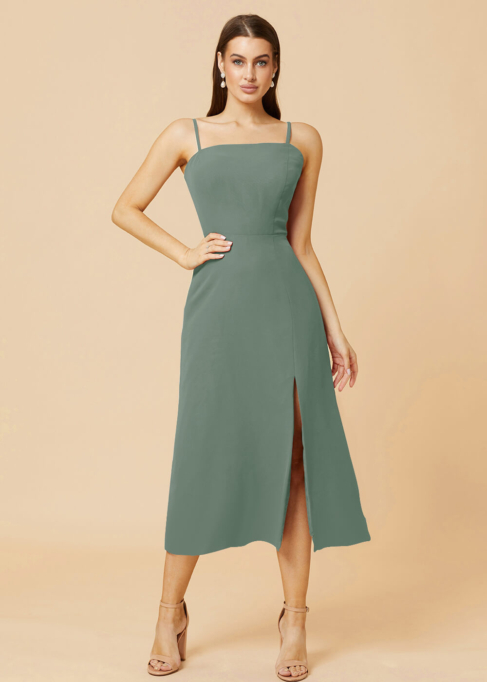Straight Neck Strap Tea Length Bridesmaid Dress