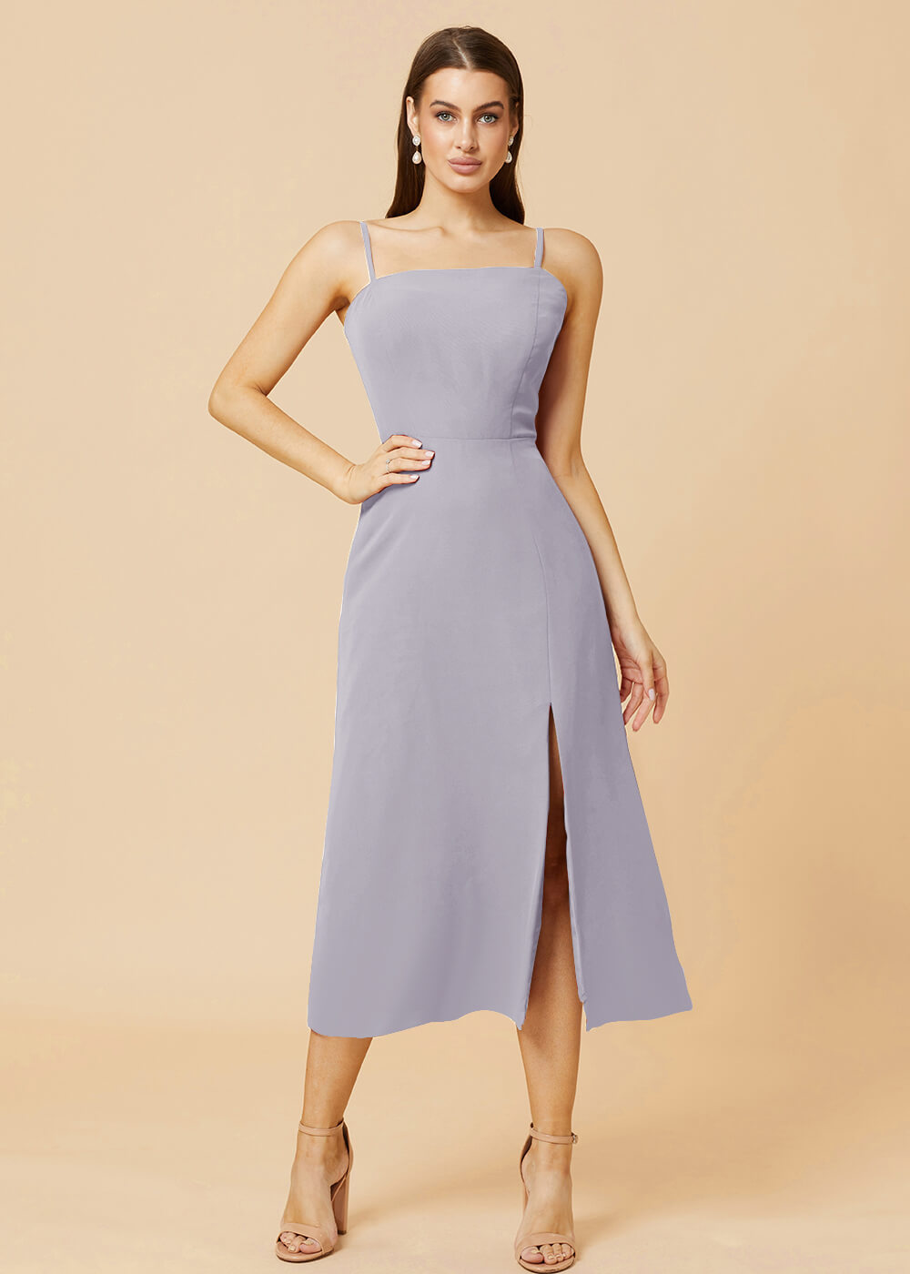 Straight Neck Strap Tea Length Bridesmaid Dress