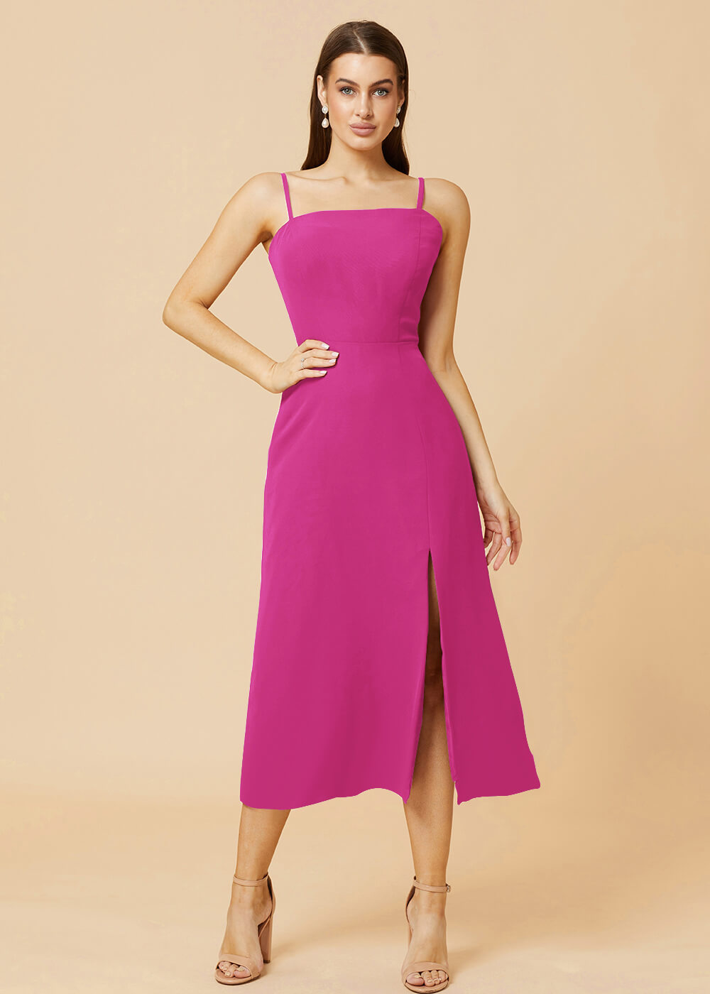Straight Neck Strap Tea Length Bridesmaid Dress