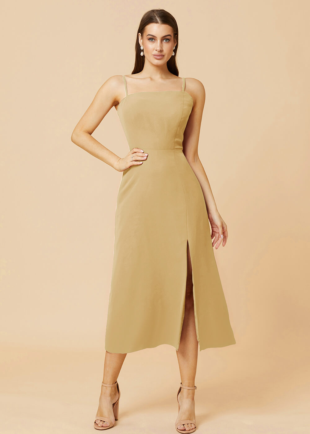 Straight Neck Strap Tea Length Bridesmaid Dress