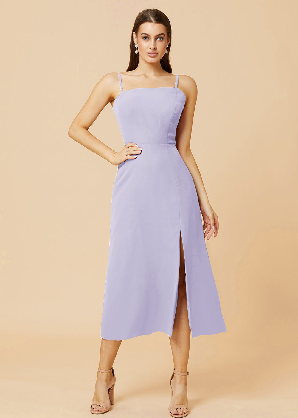 Straight Neck Strap Tea Length Bridesmaid Dress