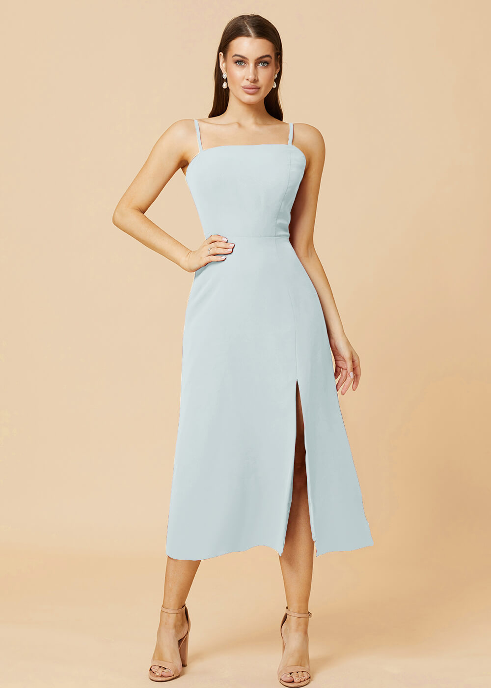 Straight Neck Strap Tea Length Bridesmaid Dress