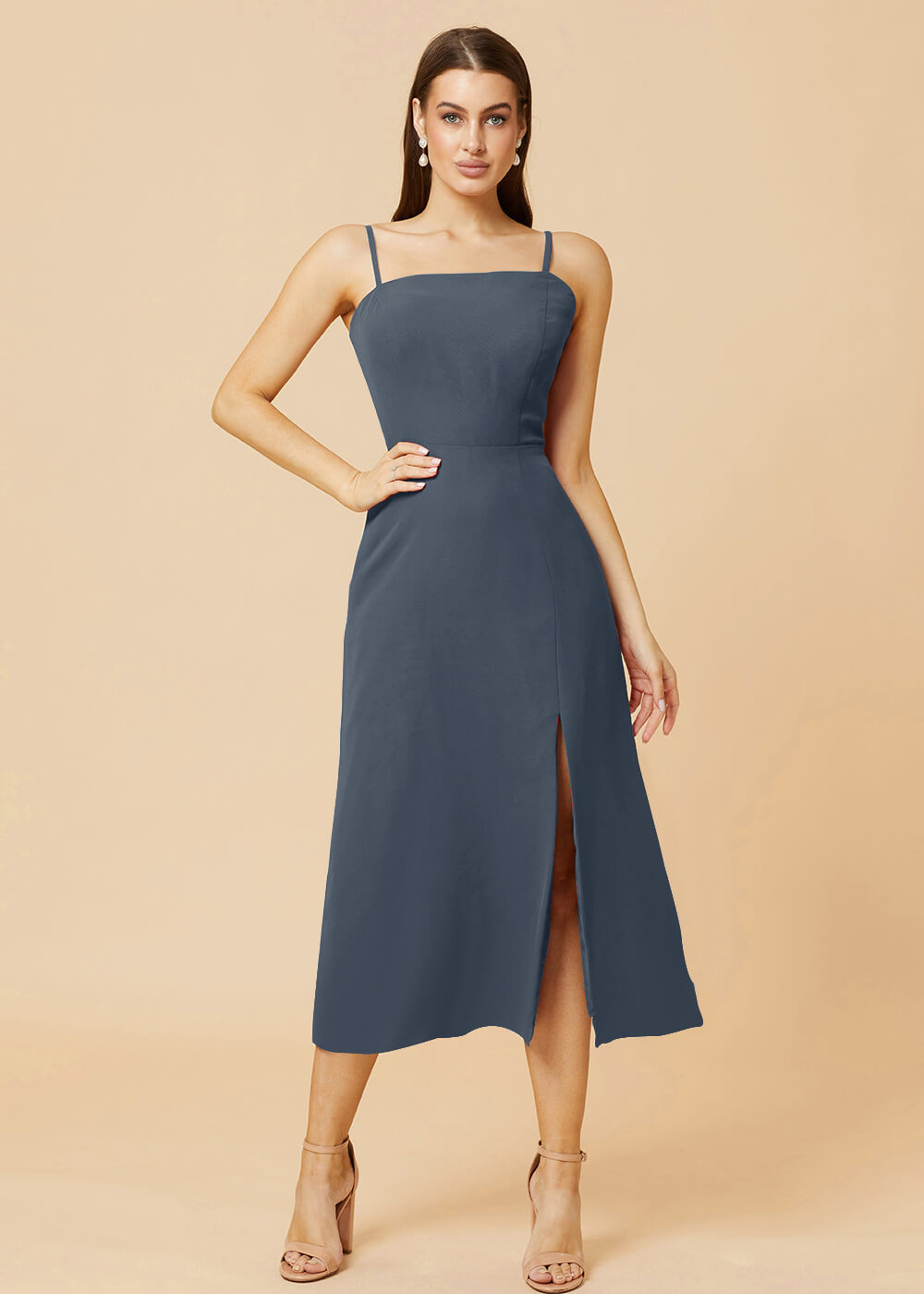 Straight Neck Strap Tea Length Bridesmaid Dress