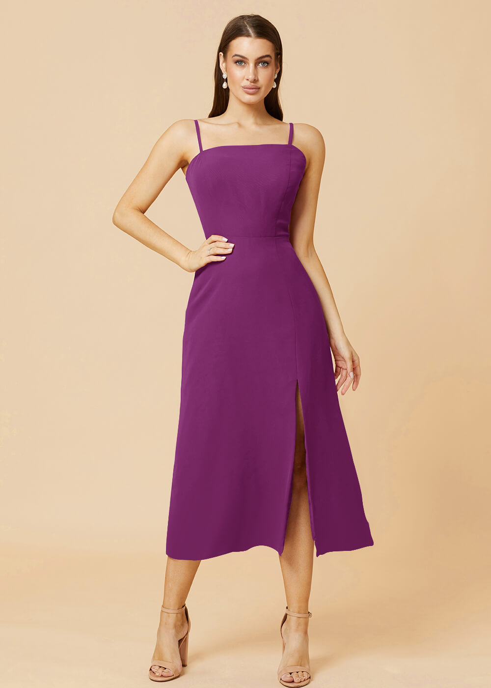 Straight Neck Strap Tea Length Bridesmaid Dress