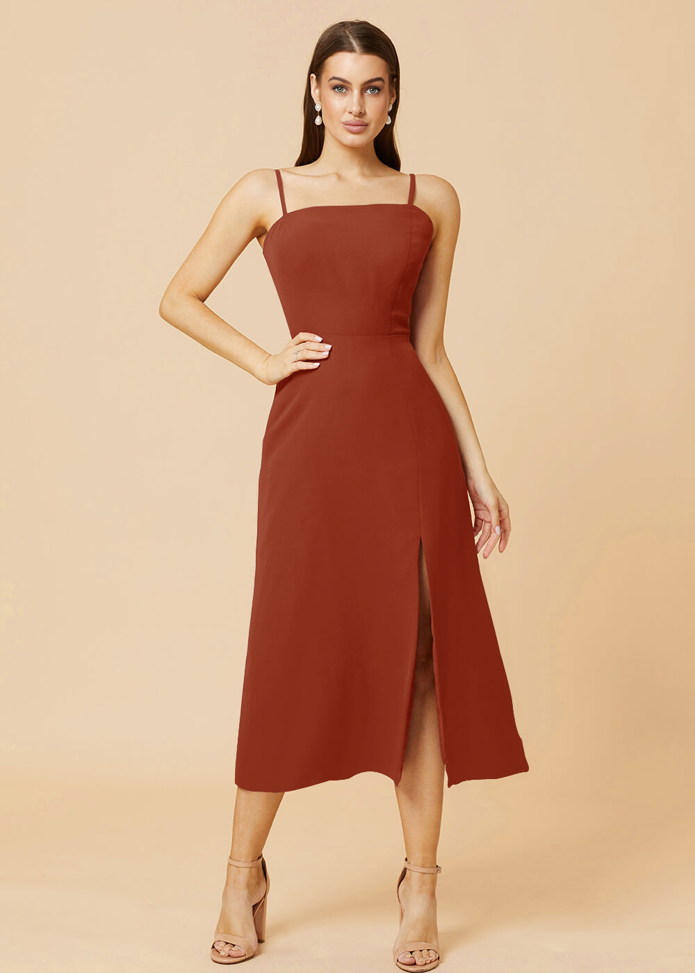 Straight Neck Strap Tea Length Bridesmaid Dress